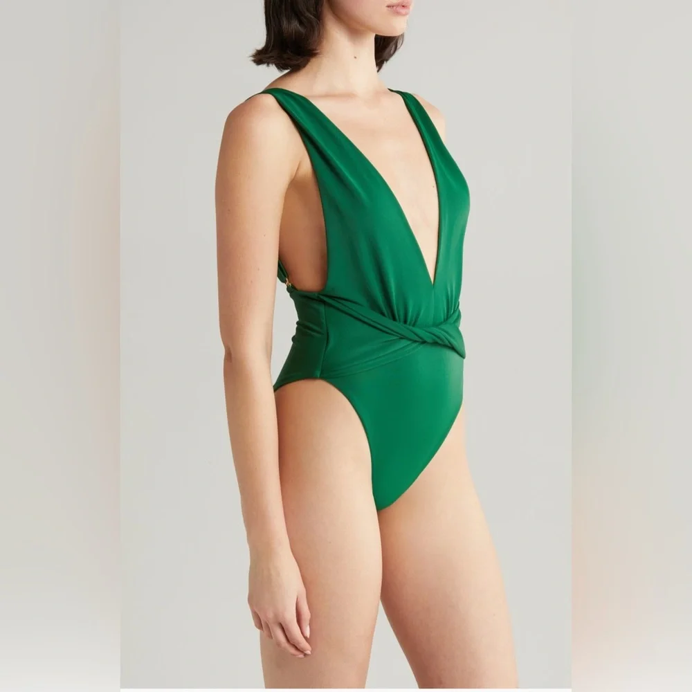 Agua Bendita Ellis Dreamin Plunge One-Piece Swimsuit, Size Large, $198